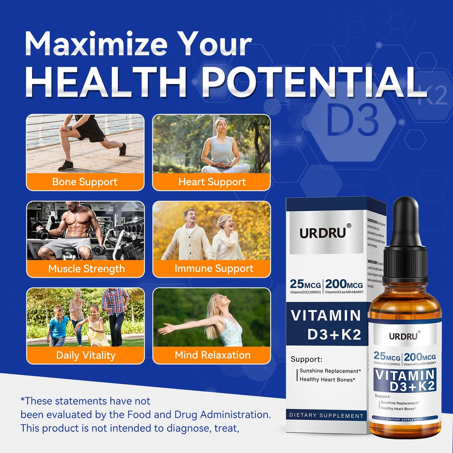 URDRU (2 Pack) Vitamin D3 K2 Liquid Drops – 2 Fl Oz | 1,000 IU D3 & 200 mcg K2 for Immune & Bone Health