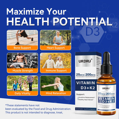 URDRU (2 Pack) Vitamin D3 K2 Liquid Drops – 2 Fl Oz | 1,000 IU D3 & 200 mcg K2 for Immune & Bone Health