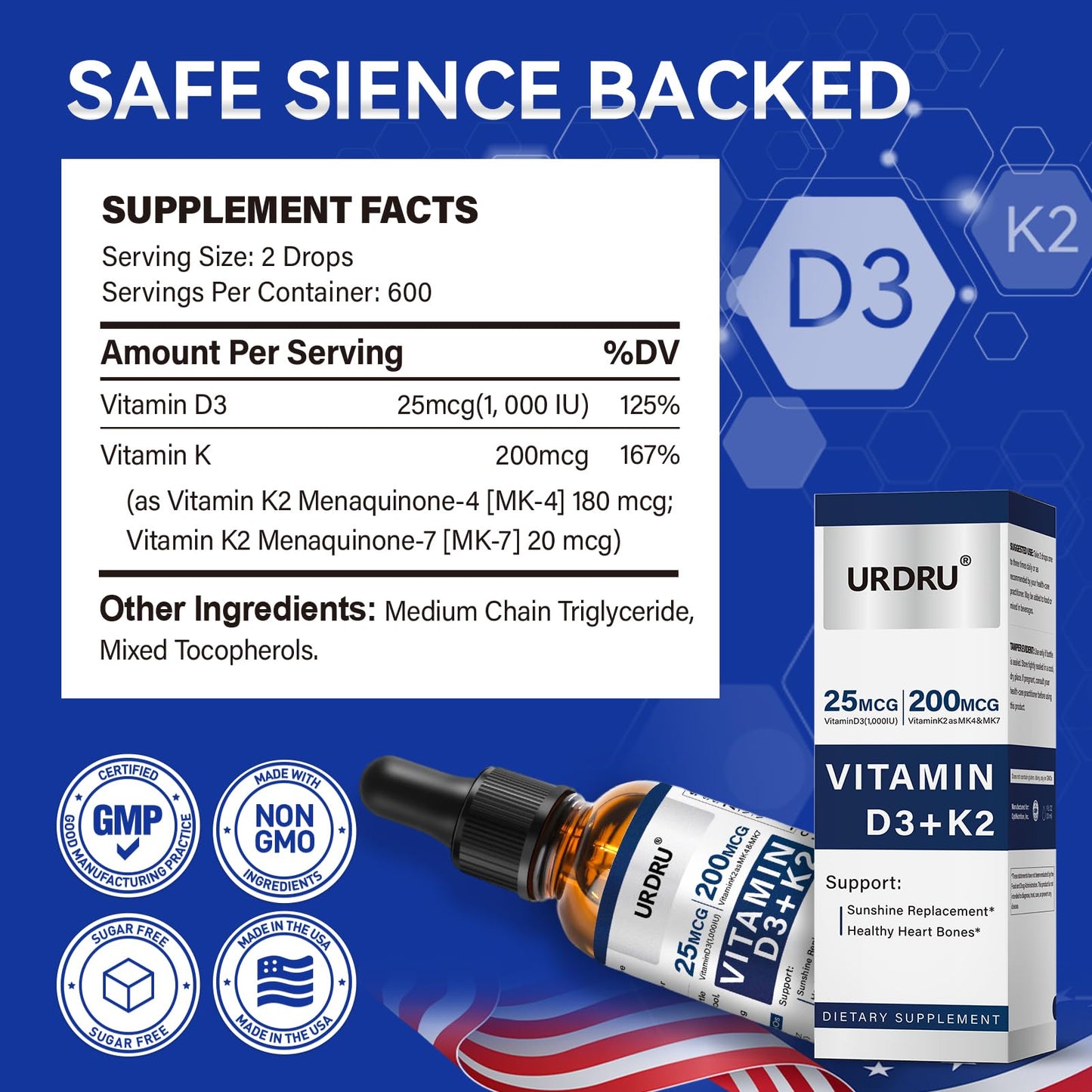 URDRU (2 Pack) Vitamin D3 K2 Liquid Drops – 2 Fl Oz | 1,000 IU D3 & 200 mcg K2 for Immune & Bone Health