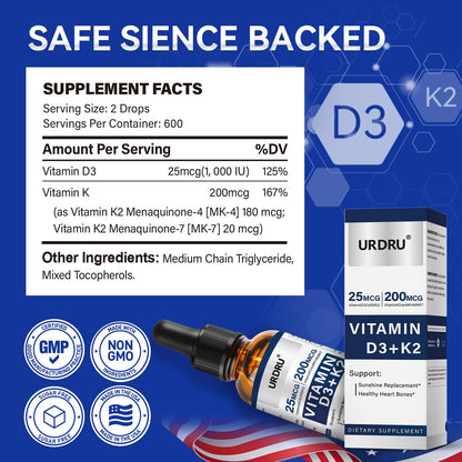 URDRU (2 Pack) Vitamin D3 K2 Liquid Drops – 2 Fl Oz | 1,000 IU D3 & 200 mcg K2 for Immune & Bone Health