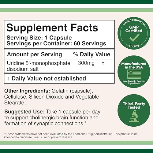 Uridine Monophosphate - Third Party Tested (300mg, 60 Capsules) Choline Synergy with Alpha GPC | Double Wood
