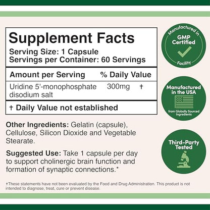 Uridine Monophosphate - Third Party Tested (300mg, 60 Capsules) Choline Synergy with Alpha GPC | Double Wood