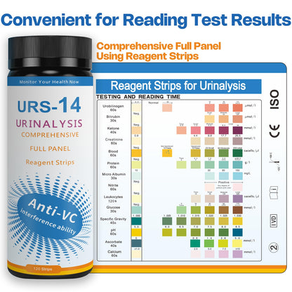 14-Panels Urinalysis Test Strips | 120 Strips, Urinalysis and Detection for Kidney, Liver, UTI, Ketosis - SG, PRO, BIL, KET, CRT +9 More