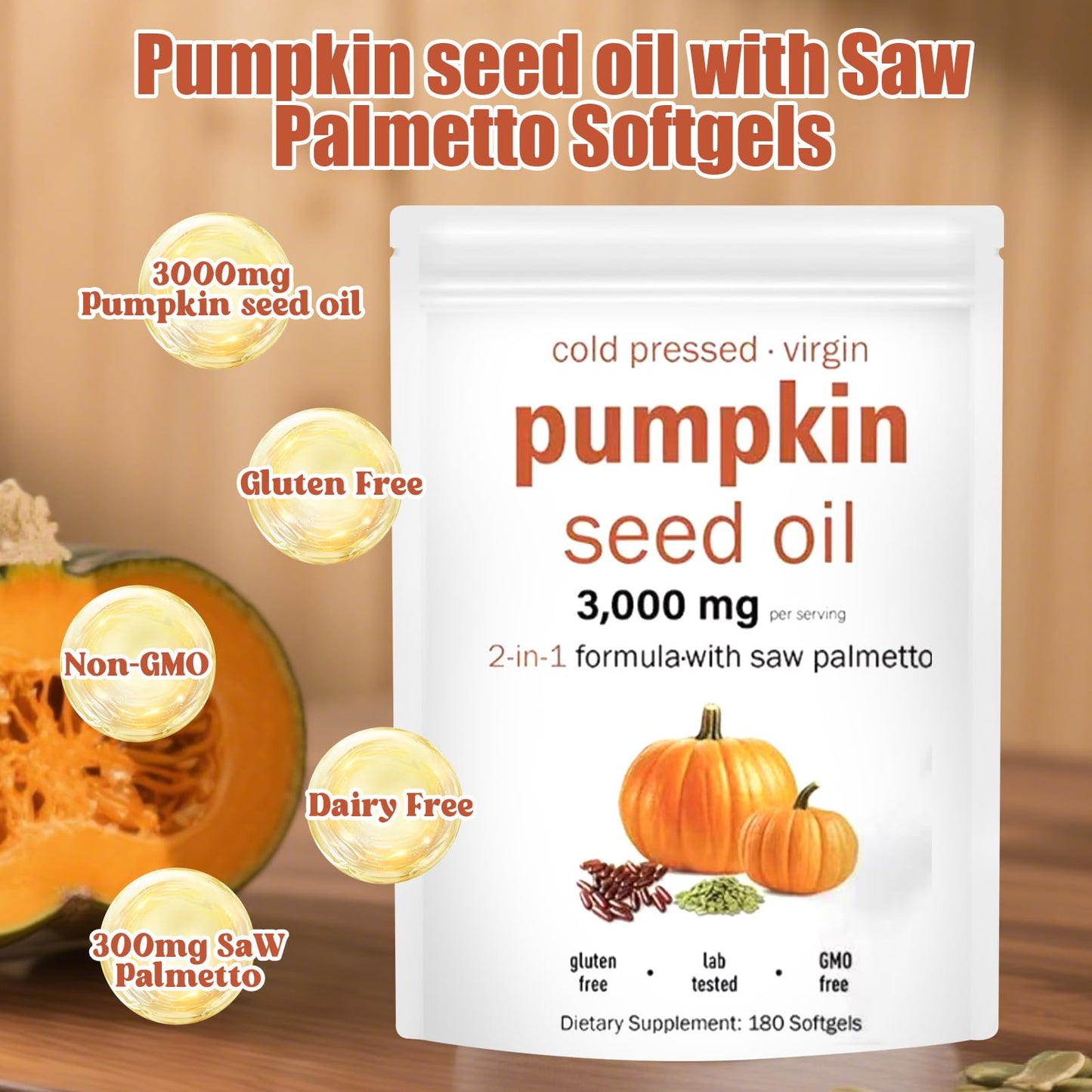 Pumpkin Seed Oil 2-in-1 with Saw Palmetto – 180 Softgels (3000mg per serving) – Prostate, Urinary & Hair Health | Non-GMO