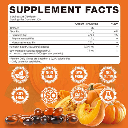 Pumpkin Seed Oil with Saw Palmetto Capsules - Organic Pumpkin Seeds Oil Supplement - Cold Pressed, Pure Virgin Oil - Supports Hair, Urinary, Bladder & Prostate Health, Vegan, Non-GMO, 300 Softgels