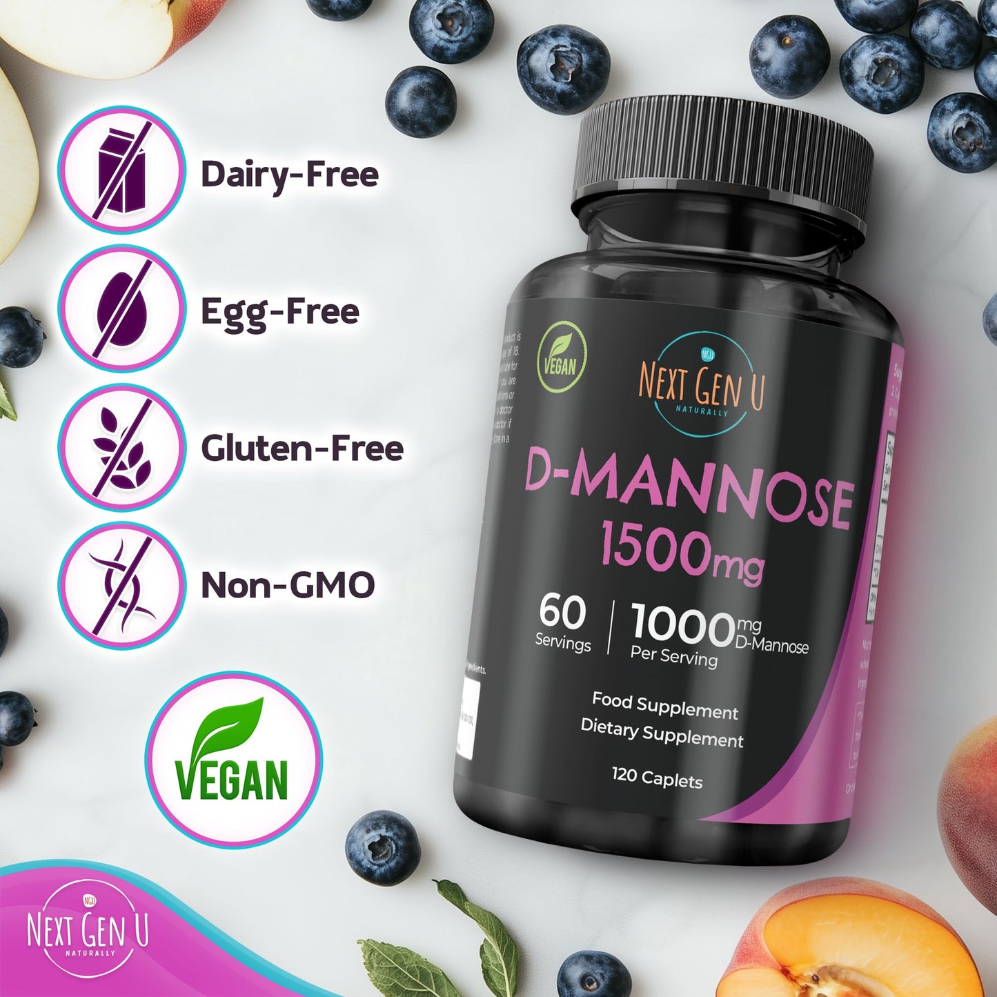 D Mannose 1500 mg – 120 Vegan Caplets | Urinary Health | NextGenU