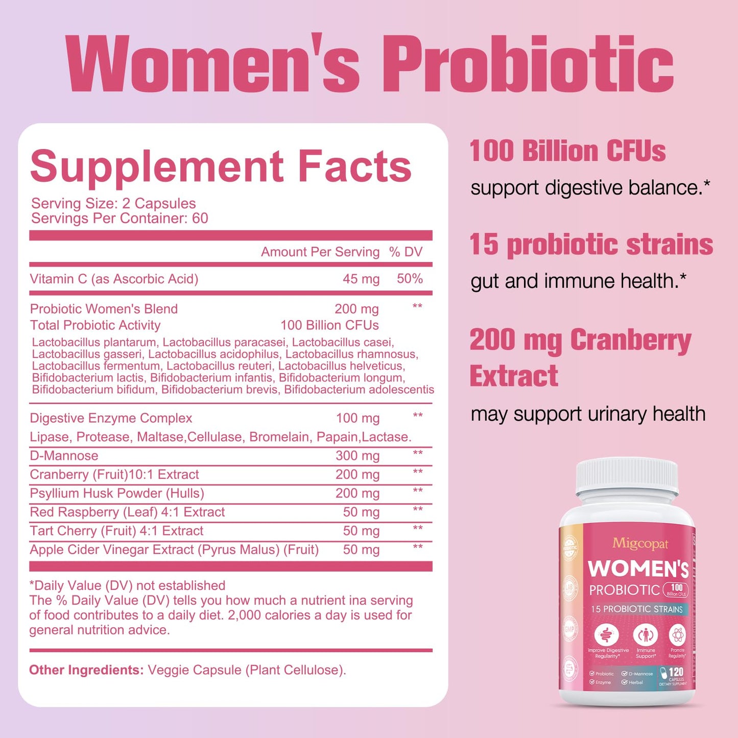 Probiotics for Women | 100B CFU with Prebiotics, Digestive Enzymes, D-Mannose & Cranberry - 120 Capsules