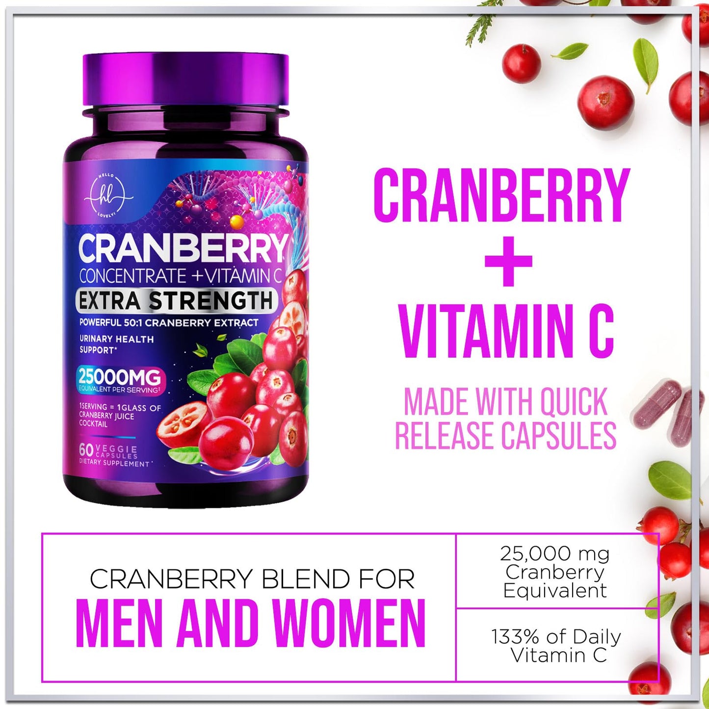 Cranberry Pills 25,000mg 3X Strength with Vitamin C | Sugar-Free, 60 Capsules