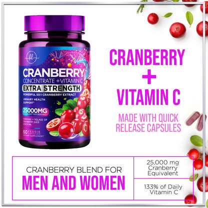 Cranberry Pills 25,000mg 3X Strength with Vitamin C | Sugar-Free, 60 Capsules
