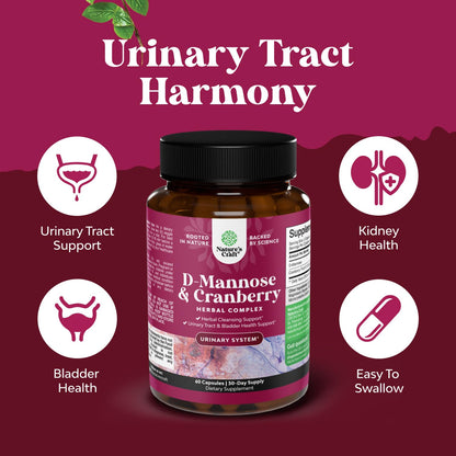 D Mannose with Cranberry - 1000mg D Mannose Capsules for Kidney Defense, Urinary Tract Health & Bladder Support - 60 Count
