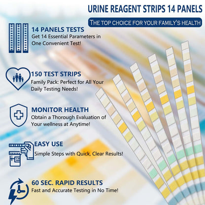 14 Parameters Urine Test Strips for Urinalysis | 150 Strips – Kidney, Liver, UTI, Ketosis, pH, KET, Prot, SG, BIL, CRE, BLO & 7+ More