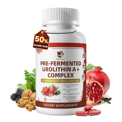 Triple-Strength Urolithin A+ Complex for Cellular Health, Function & Well-Being | Concentrated Pre-Fermented Urolithin A+ Plus Wormwood, Psyllium Husk & DGL for Gut Support–Plant Based, GMP, 60 Count