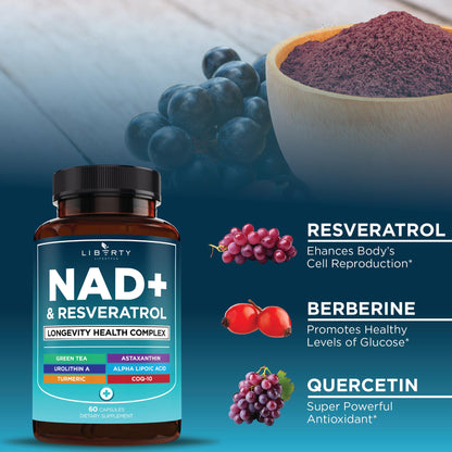 NAD+ 300 mg Supplement with Astaxanthin, Urolithin A, Resveratrol & CoQ10 – 60 Capsules (Vegan, Non-GMO)