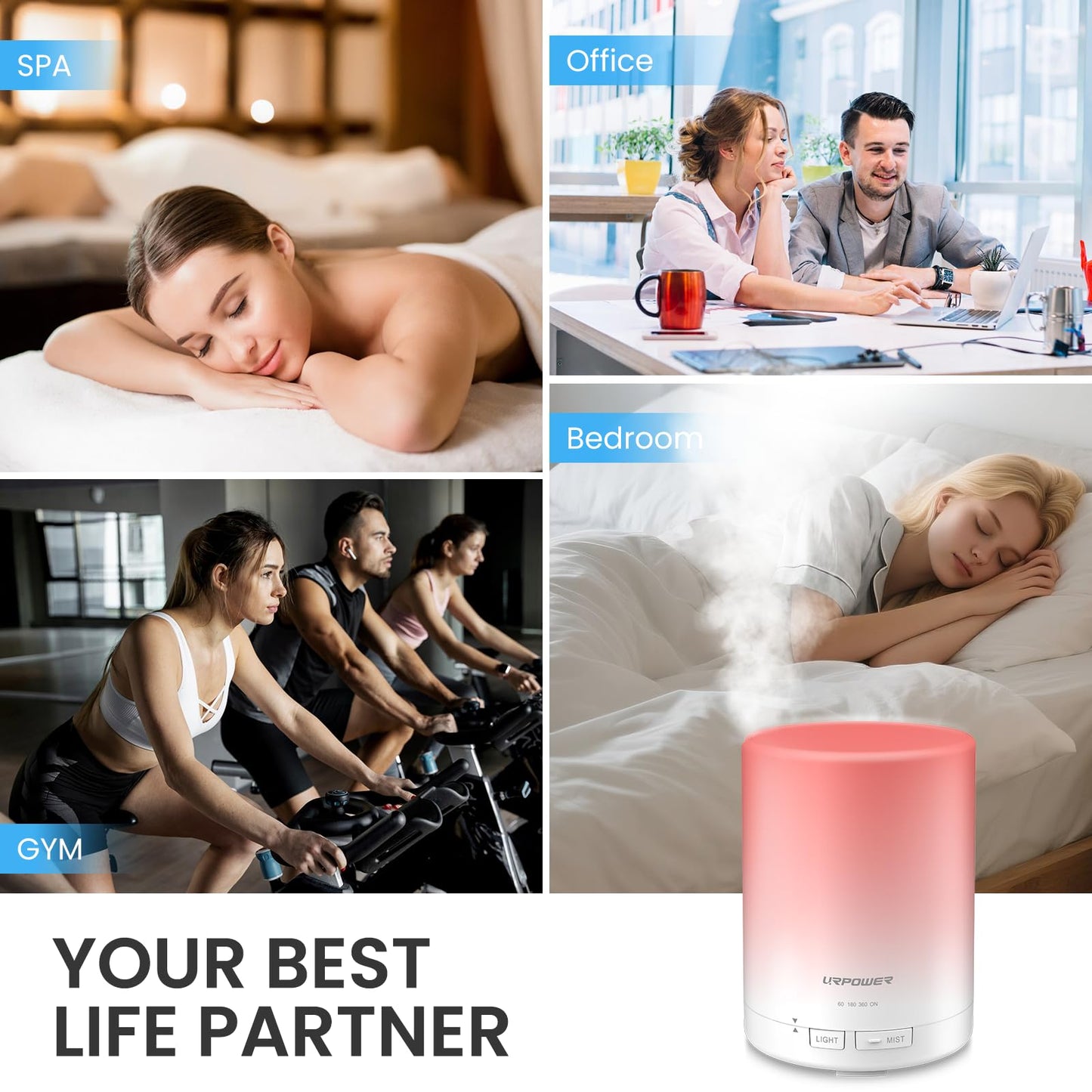 URPOWER 300ml Aromatherapy Diffuser | Ultrasonic Humidifier with 7 Color LED Night Light & 4 Timer Settings