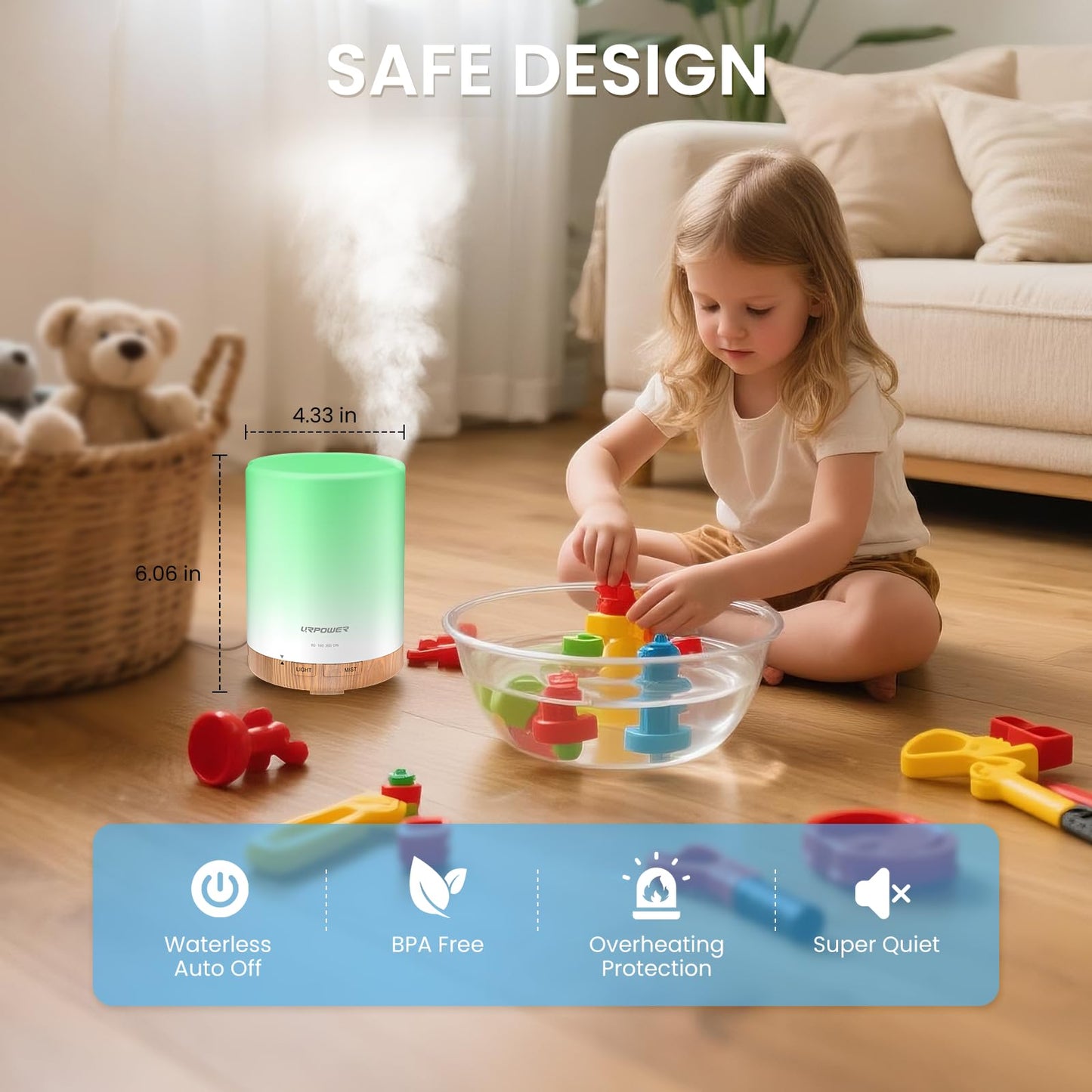 URPOWER 300ml Essential Oil Diffuser | Ultrasonic Diffuser with 7 Color LED, Auto Shut Off & 4 Timer Settings