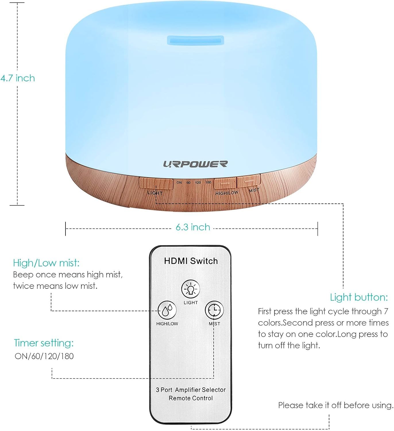 URPOWER 500ml Essential Oil Diffuser - 7-Color LED, 4 Timers, Auto Shut-Off