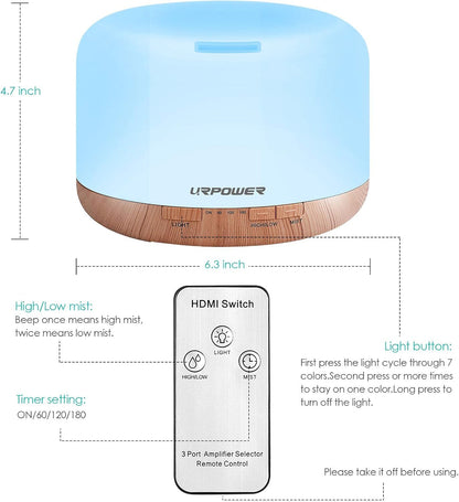 URPOWER 500ml Essential Oil Diffuser - 7-Color LED, 4 Timers, Auto Shut-Off