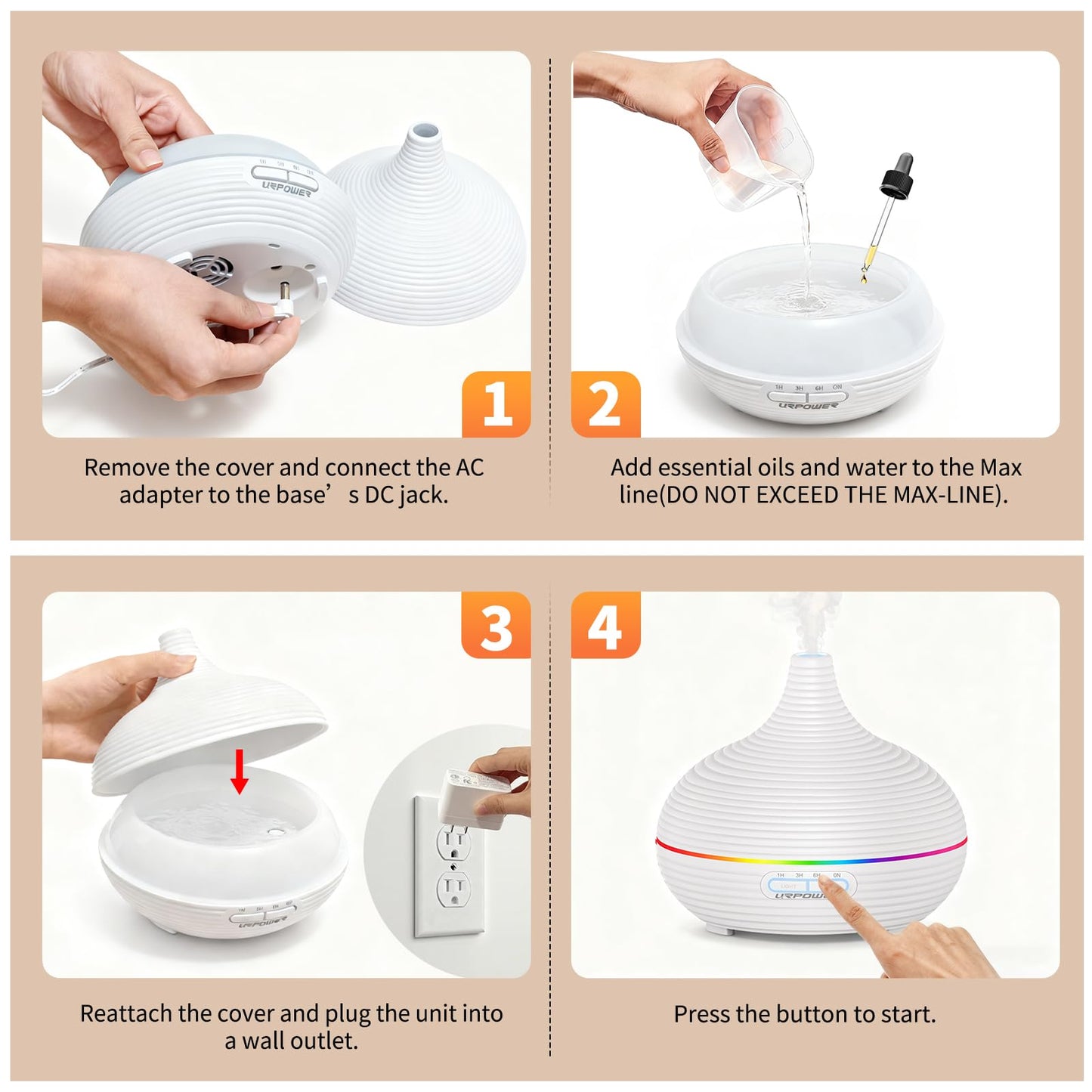 URPOWER 300ML Essential Oil Diffuser – Ultrasonic Aroma Diffuser with 7 LED Lights, Auto-Off, 1H/3H/6H Timers for Home & Office