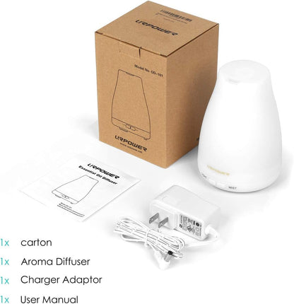 URPOWER 2nd Version Essential Oil Diffuser – 7 Color LED Lights, Auto Shut-Off, White