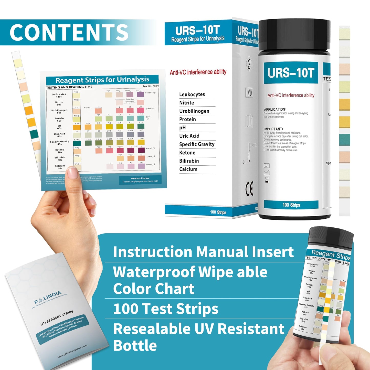 URS 10-in-1 Urine Test Strips – 10 Parameters for UTI, Ketosis, pH, Protein, 100 Count
