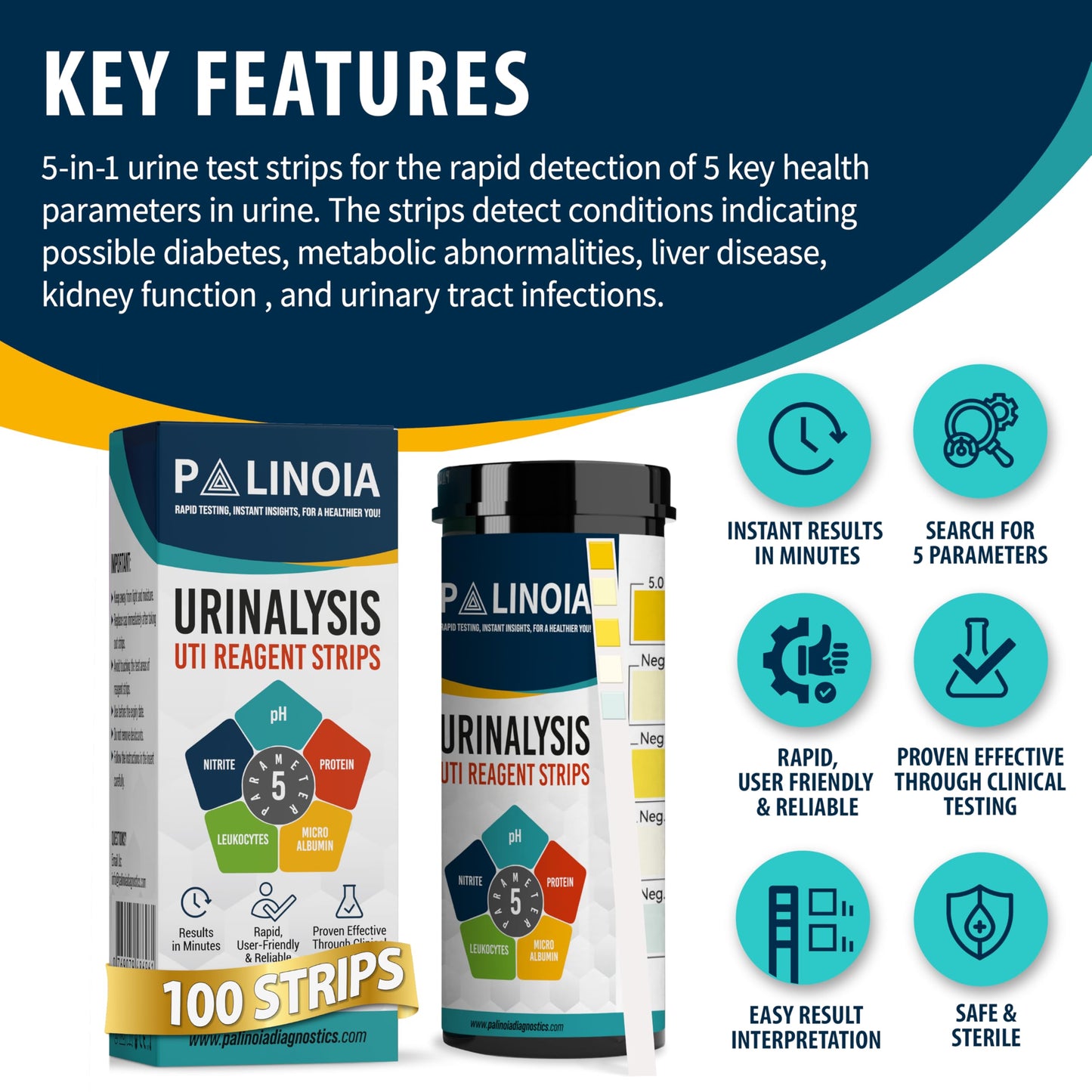 URS 5-in-1 Urine Test Strips 100 CT – UTI, pH, Nitrite, Leukocytes, Protein