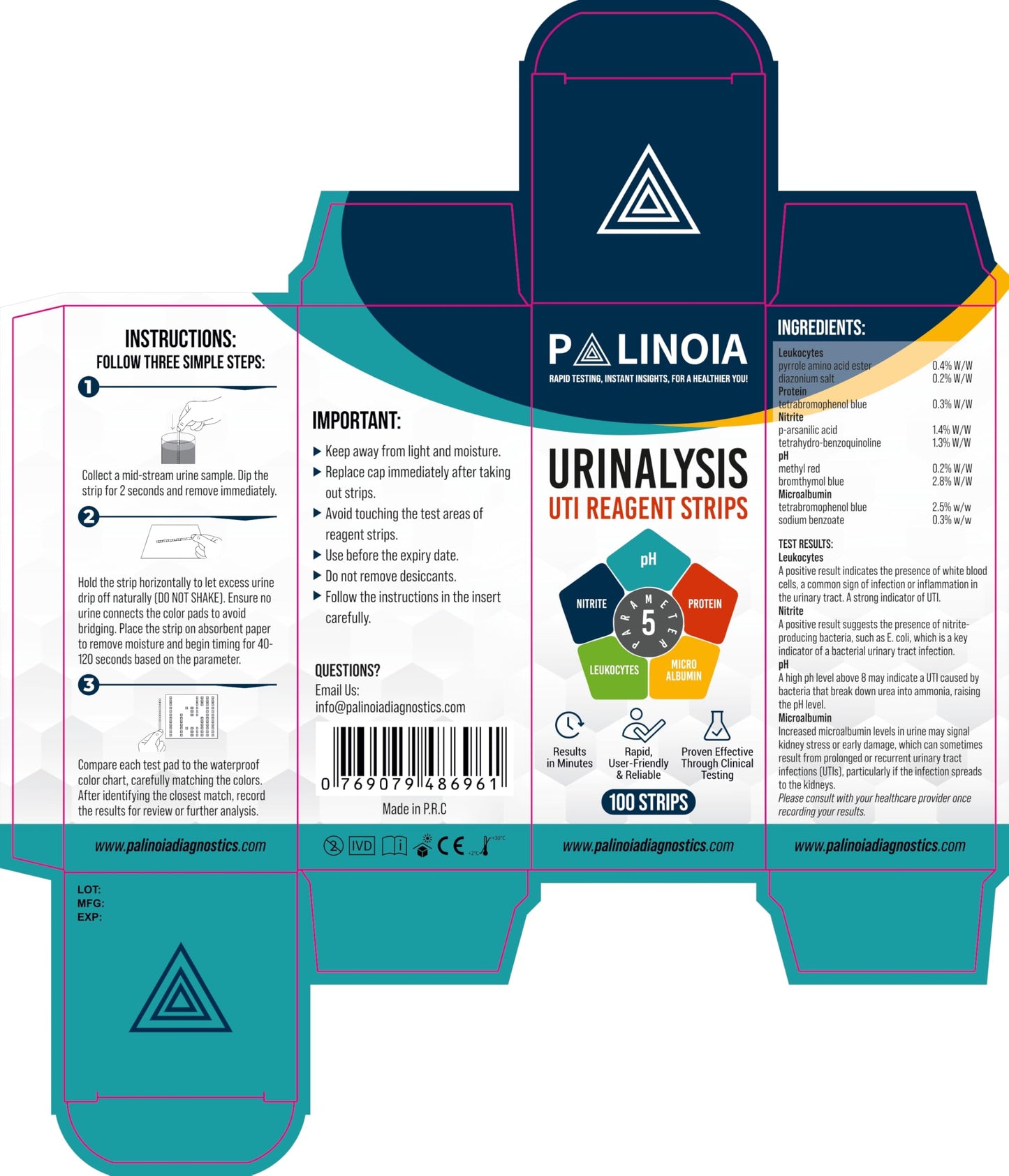 URS 5-in-1 Urine Test Strips 100 CT – UTI, pH, Nitrite, Leukocytes, Protein