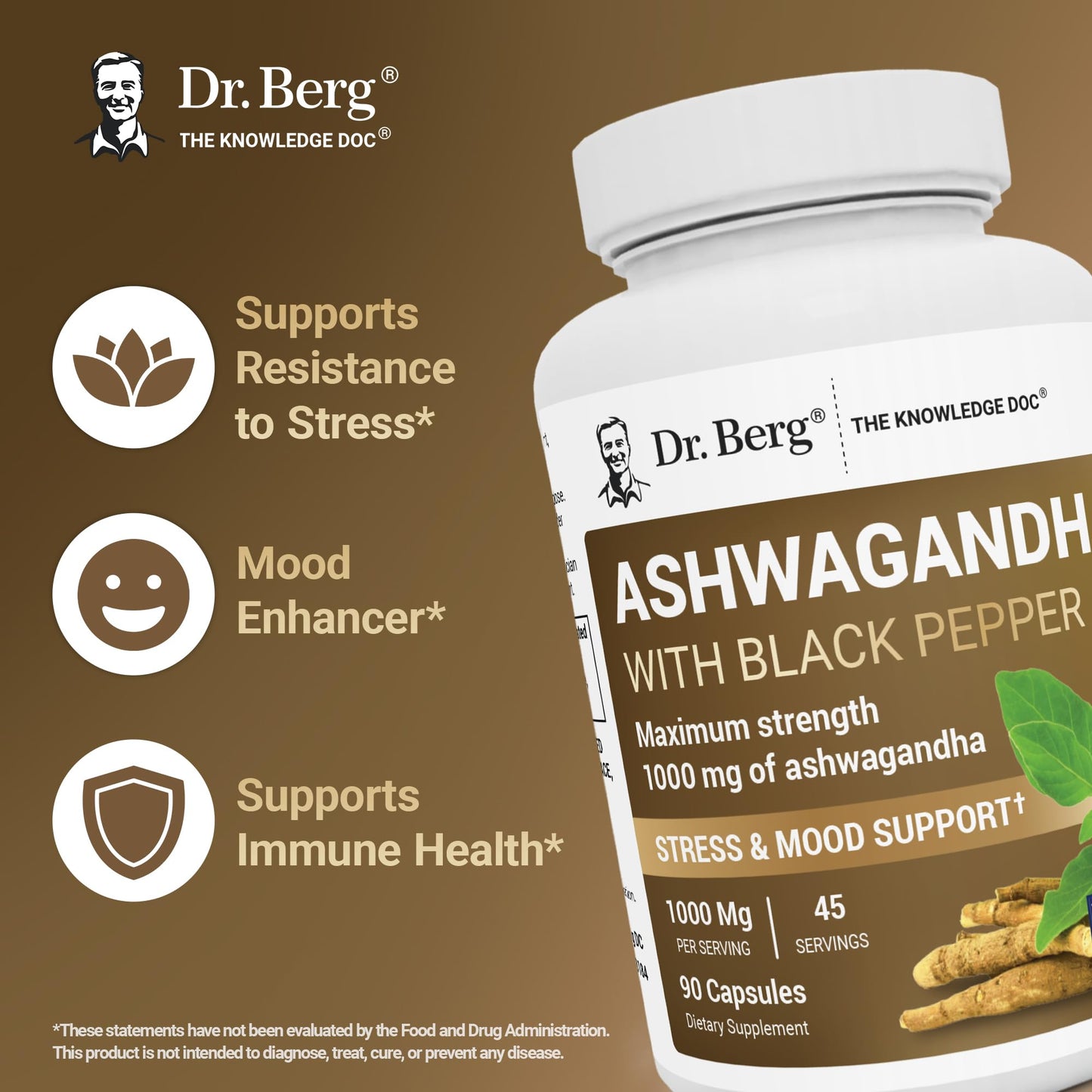 Dr. Berg Ashwagandha Capsules 1000mg | Bioperine Black Pepper | 90 Capsules