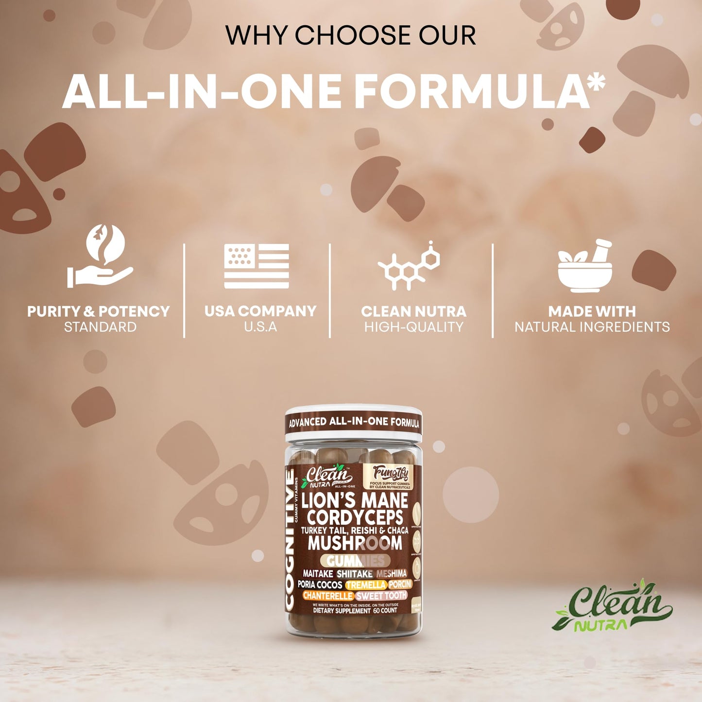Clean Nutra Lions Mane Gummies — Memory & Focus with Cordyceps, Reishi & Immune Support