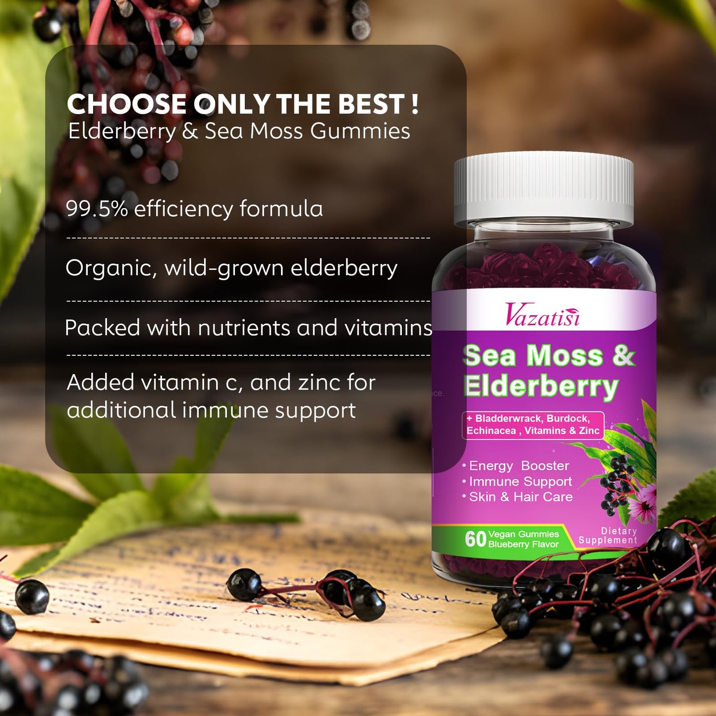 2 Pack Elderberry Gummies with Sea Moss – Extra Strength Immune Support, Vitamin C & Zinc, Blueberry Flavor, 120 Count