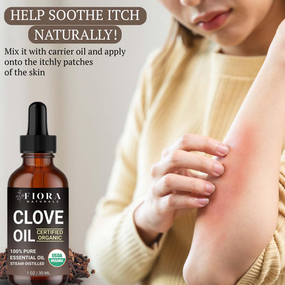 Organic Clove Essential Oil – 100% Pure, USDA Certified Clove Bud Oil for Teeth & Gums, Toothache Relief, Hair Growth & Aromatherapy – Premium Cloves Oil for DIY Wellness by Fiora Naturals