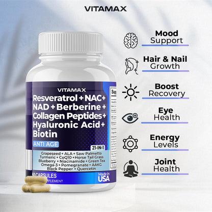 Resveratrol NAD+ Berberine Hyaluronic Acid 21-in-1 Hair, Skin, Nail & Joint Supplement – Made in USA (60 Count)