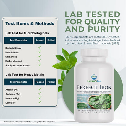 Nature's Lab Perfect Iron 25mg - Gentle, Non-Constipating Iron Supplement | 180 Capsules (6-Month Supply)