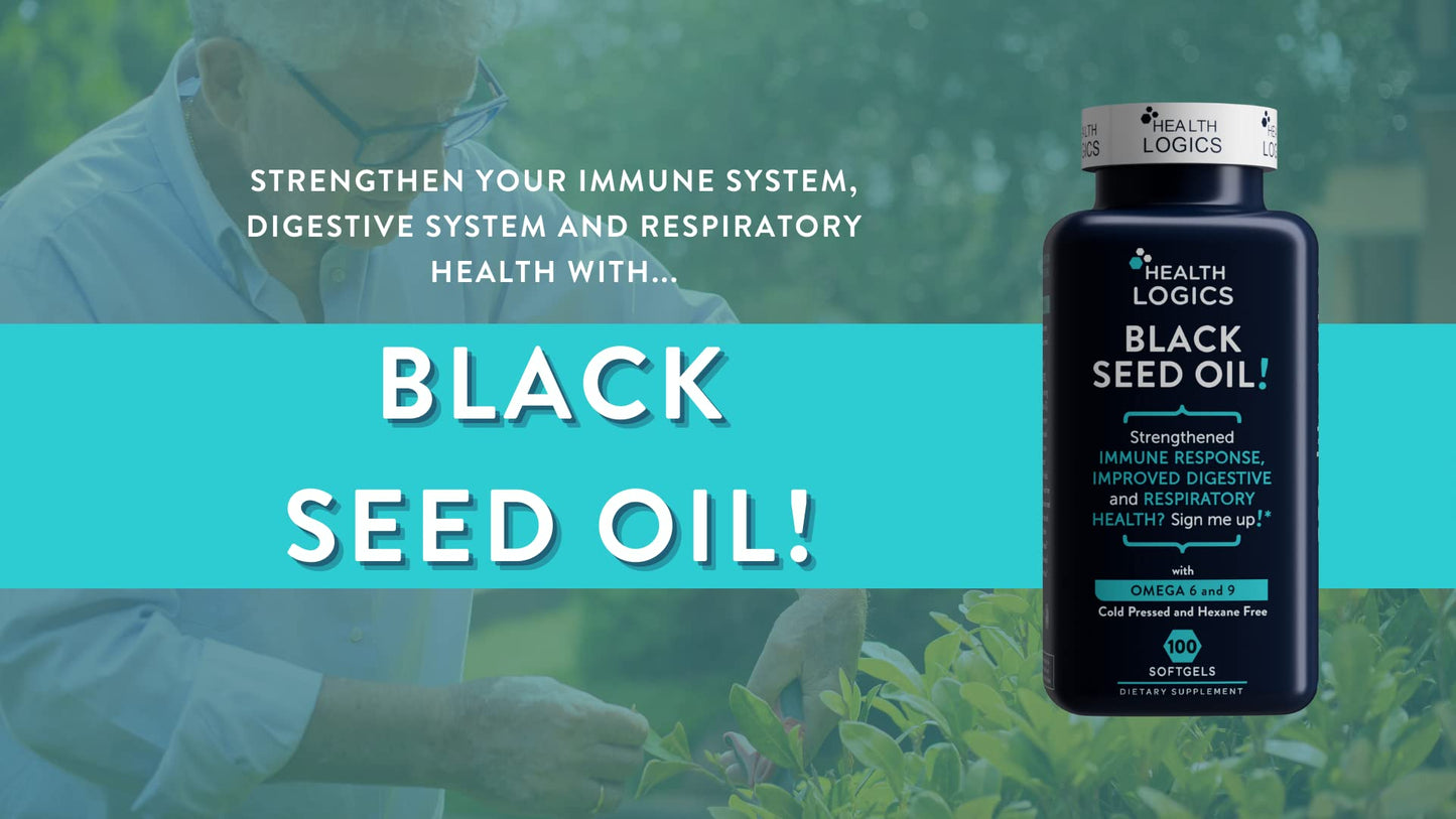 Health Logics Black Seed Oil, Cold Pressed, Rich Source of Omega 6 & 9 Essential Fatty Acids, from Nigella Sativa (100 Soft Gel Capsules)