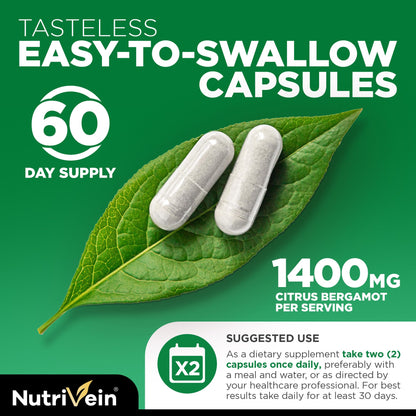 Nutrivein Premium Citrus Bergamot Supplement 1400mg 25:1 Bergamia Extract – 60 Day Supply (120 Capsules) | Heart & Circulatory Support