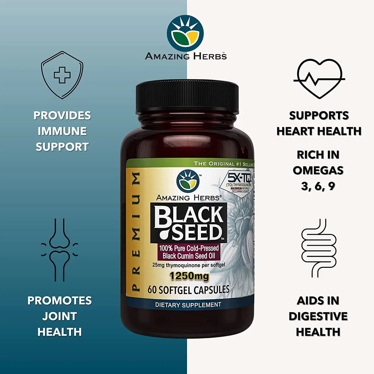 Amazing Herbs Premium Black Seed Oil Capsules - 1250mg, Cold-Pressed Nigella Sativa, 60 Count (Pack of 2) BritishVita | Premium UK Vitamins & Wellness Supplements