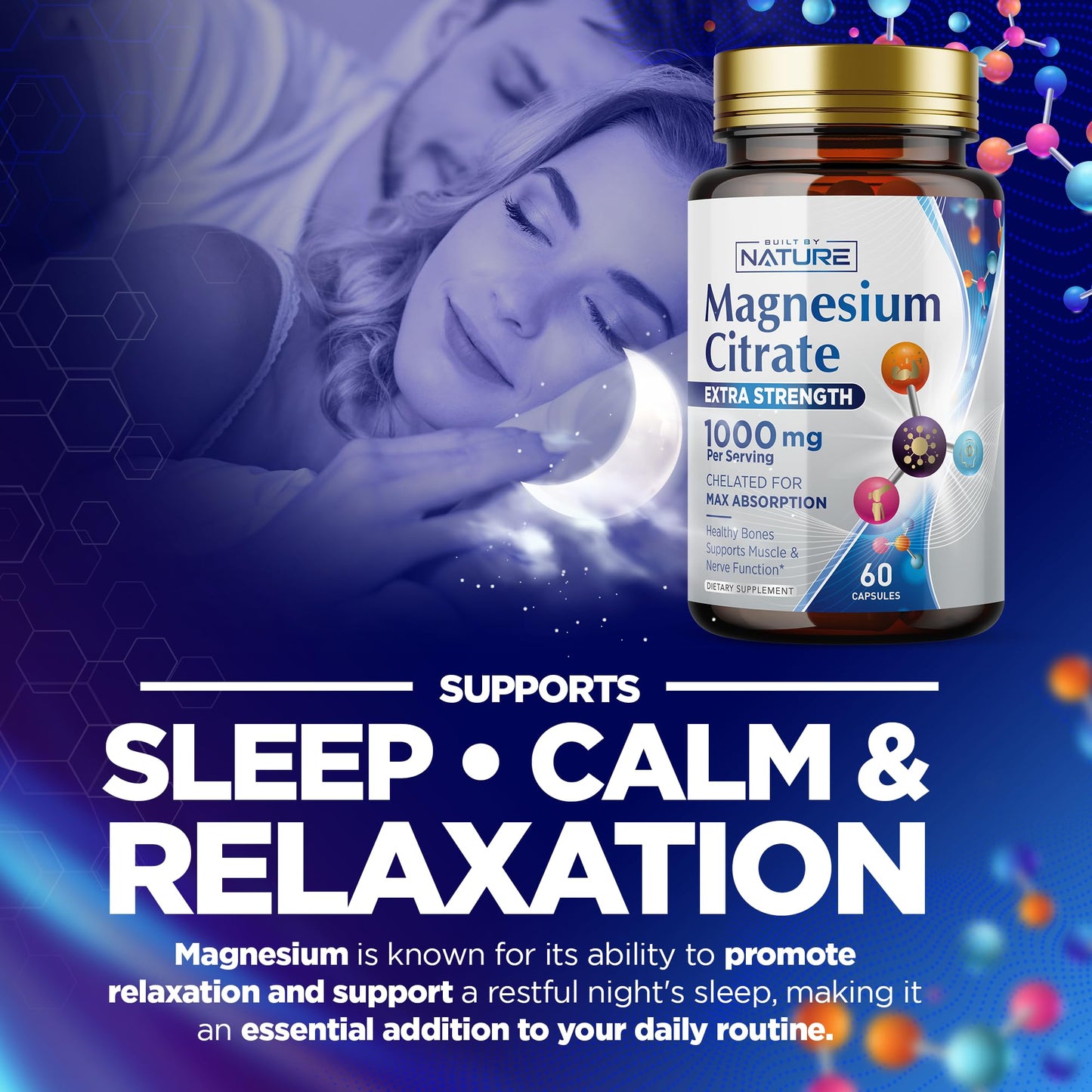 Magnesium Citrate 1000mg - Max Absorption & High Potency Magnesium Complex Supplement for Heart, Muscle, Nerve, Bone Health & Stress Relief - Non-GMO, Gluten-Free - 60 Vegan Capsules