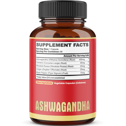 90 Capsules Ashwagandha Supplement with Ginger Root, Turmeric, Rhodiola Rosea & Black Pepper