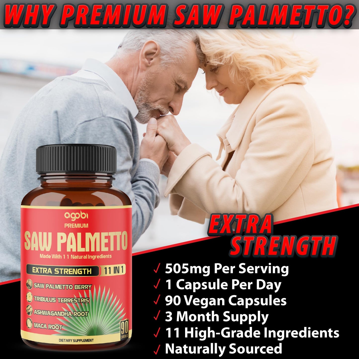 Premium Saw Palmetto Capsules with Ashwagandha, Turmeric & More | 90 Capsules (3-Month Supply)