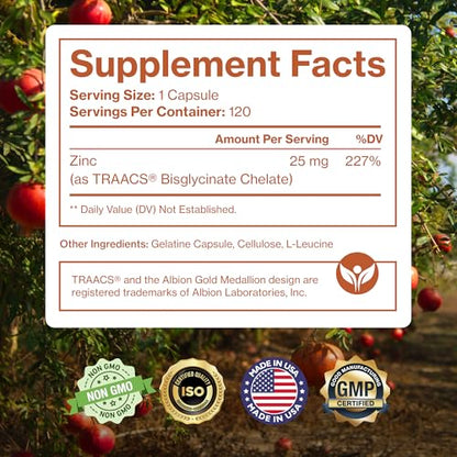 Pure Zinc Supplement 25mg | TRAACS Bisglycinate Chelate | 120 Capsules | Immune Support, Skin Health & Energy