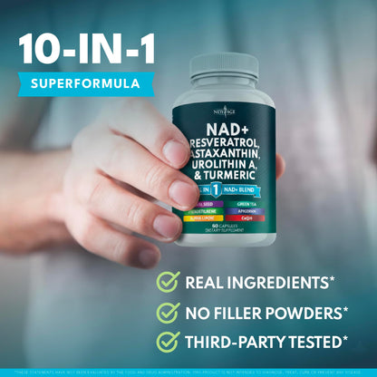 NAD+ Supplement with Astaxanthin, Urolithin A, Resveratrol & CoQ10 | Cellular Energy & Mitochondrial Support | Vegan, Non-GMO | 60 Count