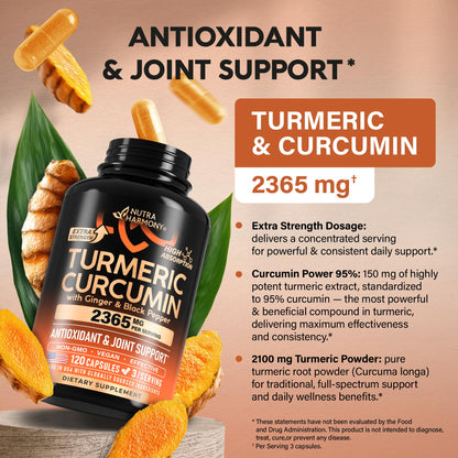 Turmeric Curcumin 2365mg with Ginger & Black Pepper – 120 Capsules – Made in USA