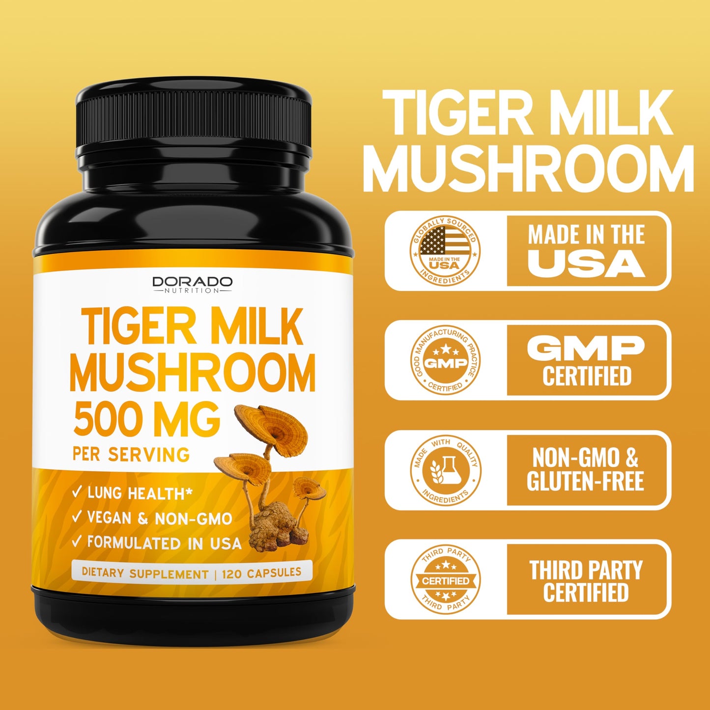 Tiger Milk Mushroom Supplement (120 Capsules, 500 mg per Serving) – Immune & Lung Support | USA Made