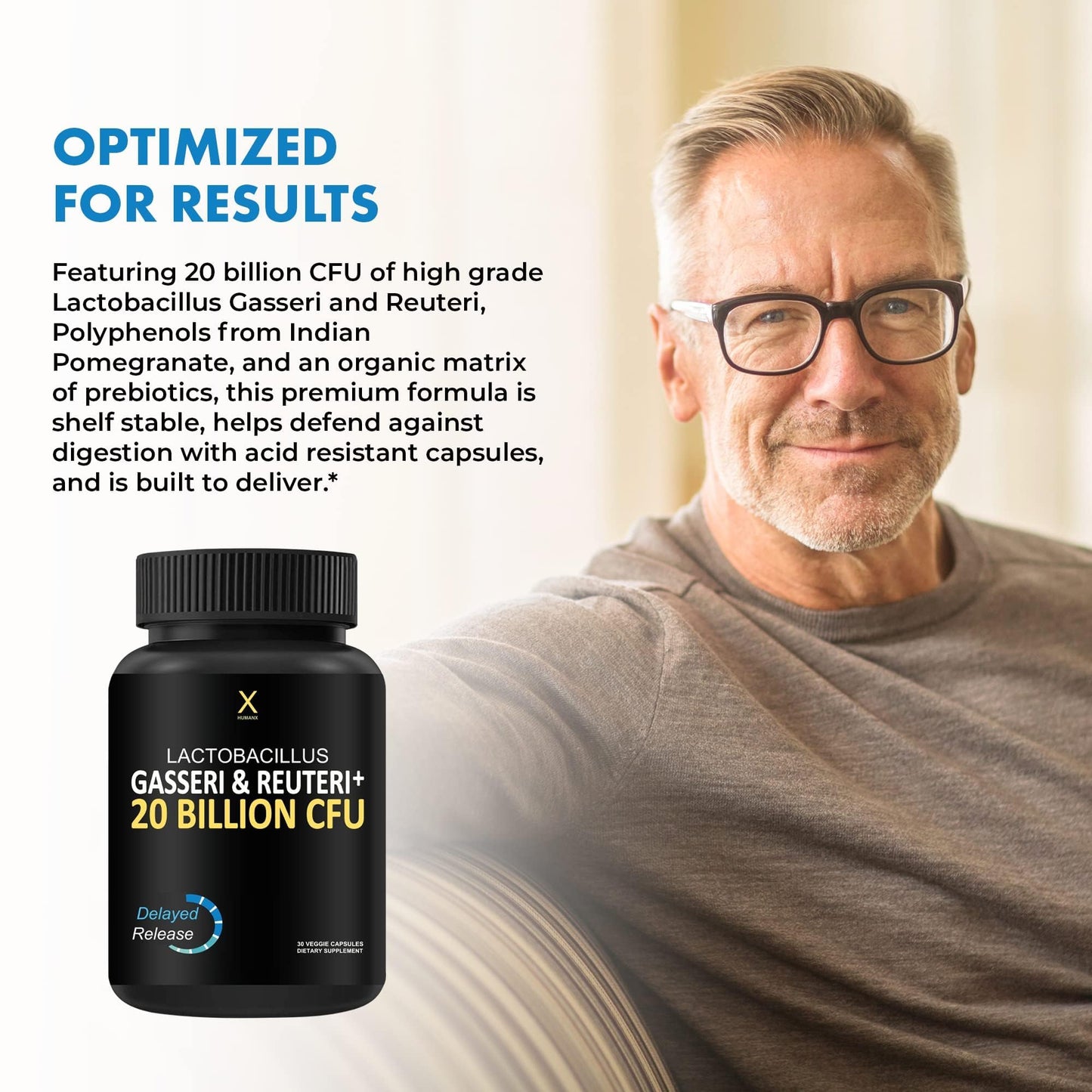 HUMANX Lactobacillus Gasseri & Reuteri+ 20B CFU Probiotic – Organic Prebiotics & Punicaligans – USA Made