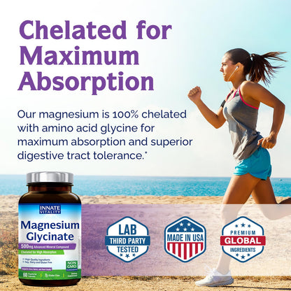 Innate Vitality Magnesium Glycinate 500mg | 70mg Elemental Magnesium per Capsule | High Absorption, Non-GMO & Gluten-Free | 60 Vegan Capsules