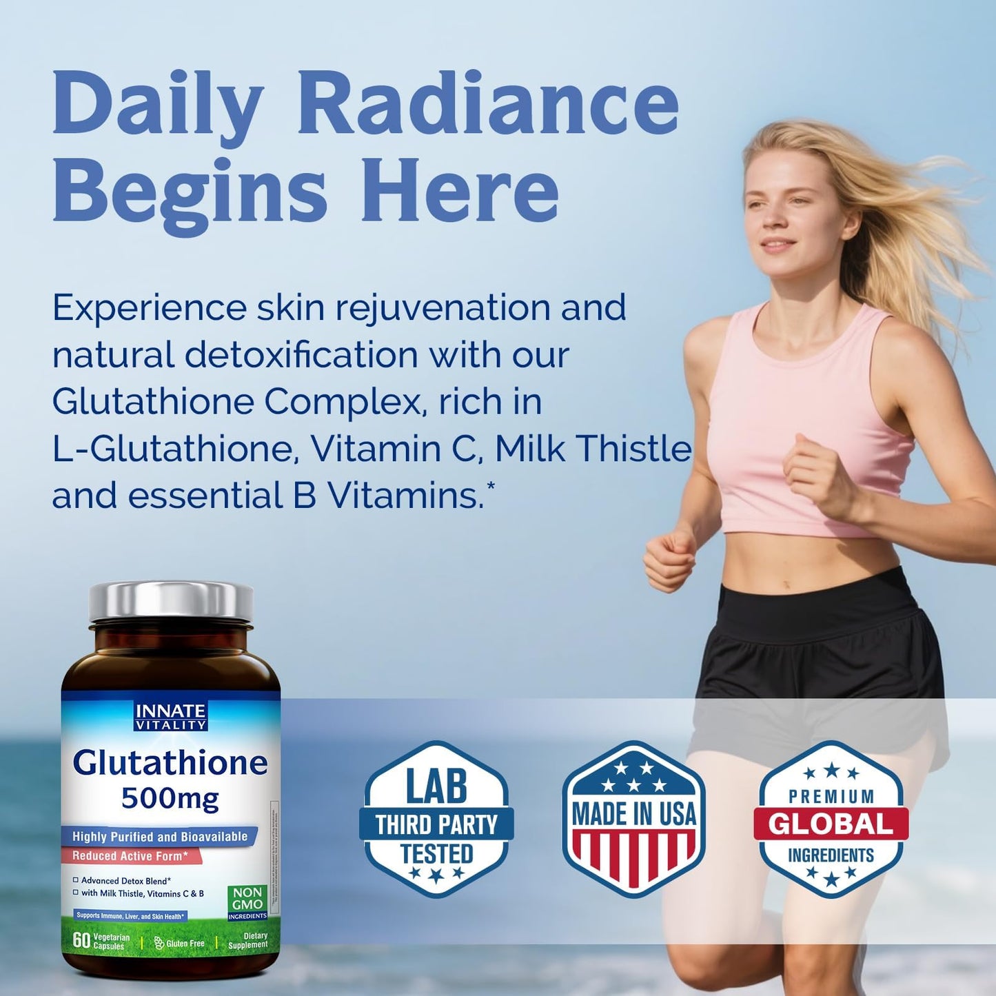 Innate Vitality Glutathione 500mg – Reduced Glutathione with Milk Thistle, Vitamin C, B Complex | 60 Capsules