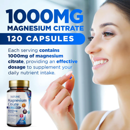 Magnesium Citrate 1000mg - High Absorption Magnesium Complex for Heart, Muscle, Nerve, Bone Health | Vegan, Non-GMO, Gluten-Free - 120 Capsules