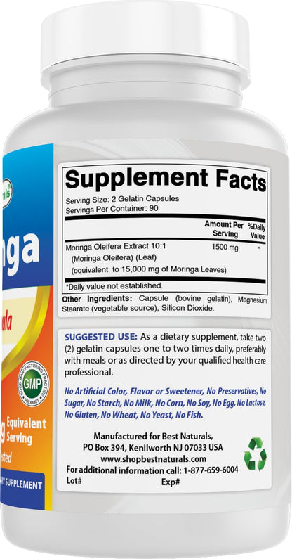 Best Naturals Moringa Extract 10:1 1500mg – 180 Capsules | Superfood for Healthy Wellbeing