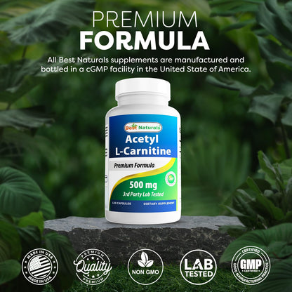Best Naturals Acetyl L-Carnitine 500mg – 120 Servings (3 Pack) | Non-GMO & Gluten Free