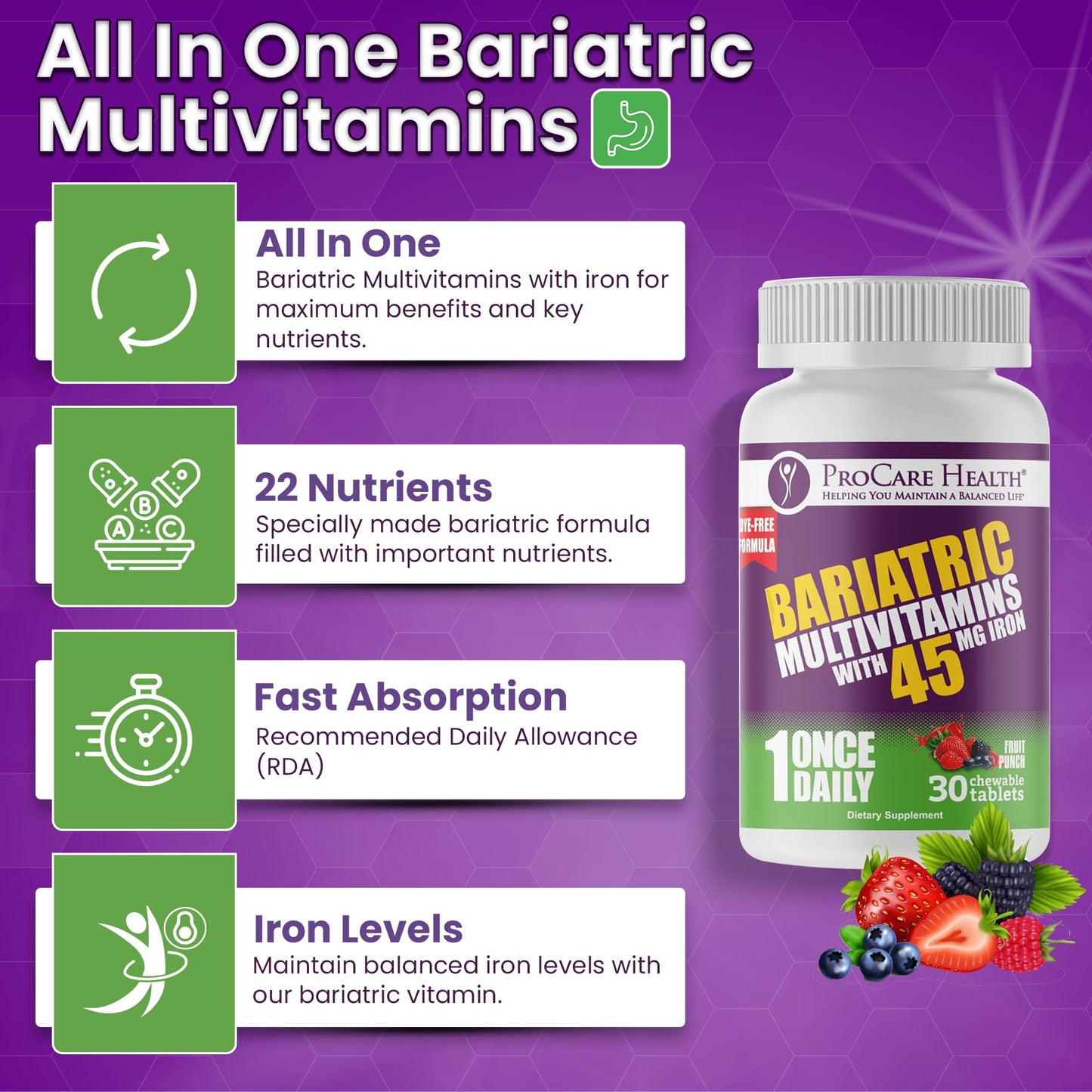 ProCare Health Bariatric Multivitamin with Iron 45mg – Fruit Punch Chewable (30 Tablets)