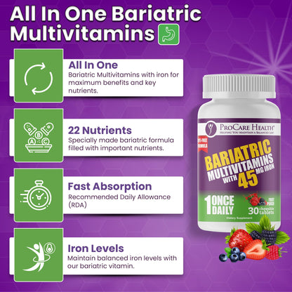 ProCare Health Bariatric Multivitamin with Iron 45mg – Fruit Punch Chewable (30 Tablets)
